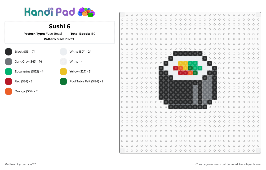 Sushi 6 - Fuse Bead Pattern by barbus77 on Kandi Pad - black,white,green,gray