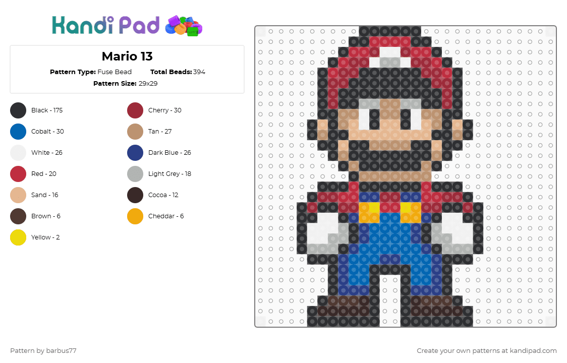 Mario 13 - Fuse Bead Pattern by barbus77 on Kandi Pad - black,beige,red,blue