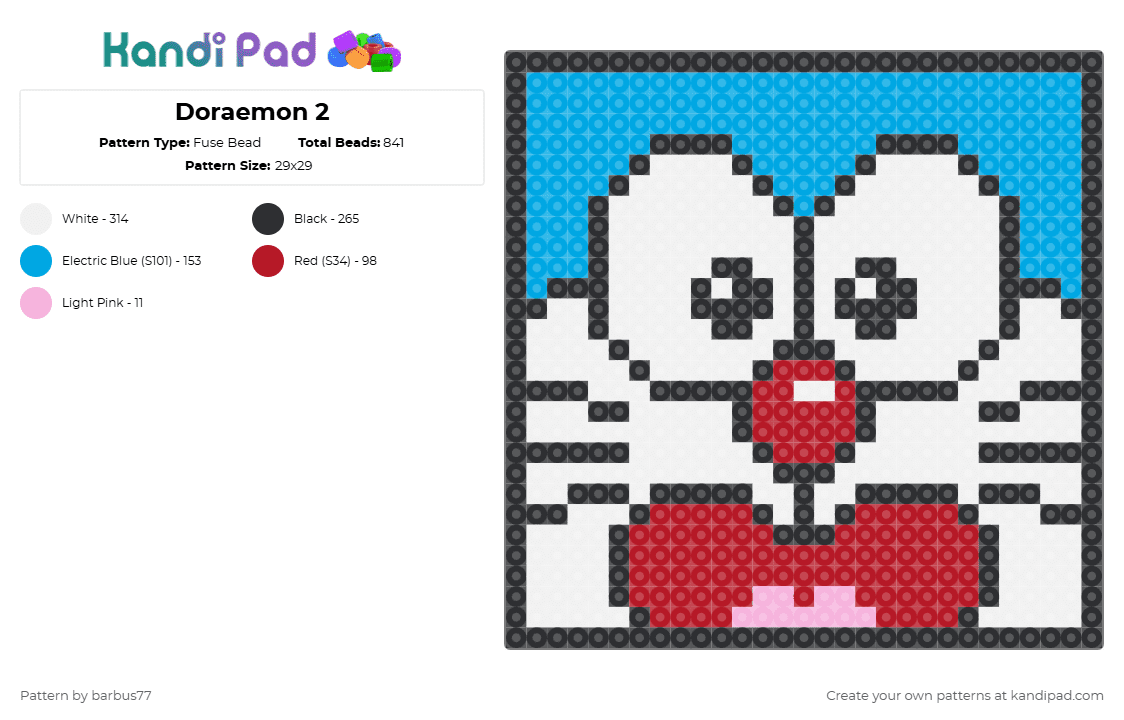 Doraemon 2 - Fuse Bead Pattern by barbus77 on Kandi Pad - white,red,light blue