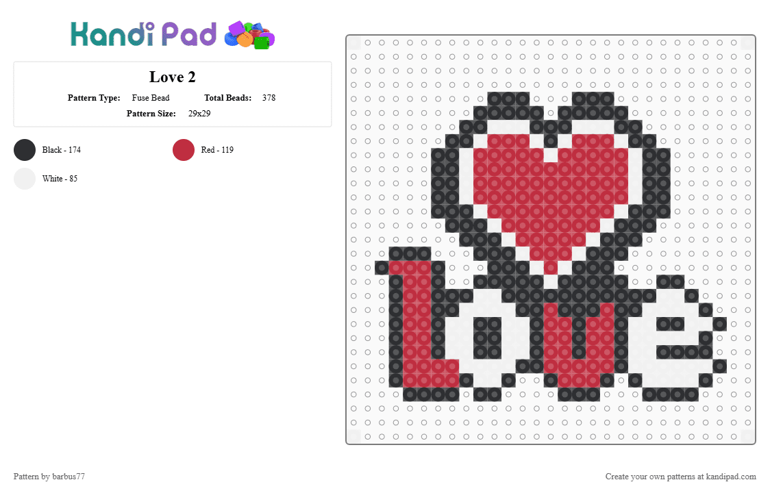 Love 2 - Fuse Bead Pattern by barbus77 on Kandi Pad - white,red
