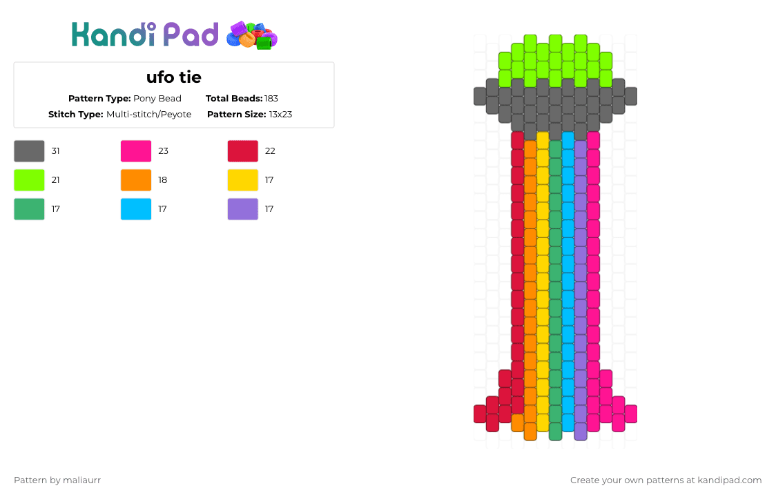 ufo tie - Pony Bead Pattern by maliaurr on Kandi Pad - green,gray,pink,red,ufo,space,tie,rainbow,alien,stars