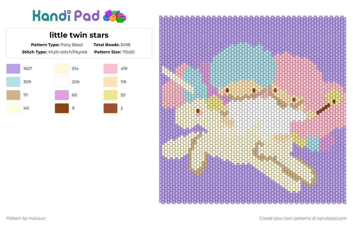little twin stars - Pony Bead Pattern by maliaurr on Kandi Pad - pink,little twin stars,kiki and lala,sanrio,unicorn,twins,cutecore,kawaii,magic