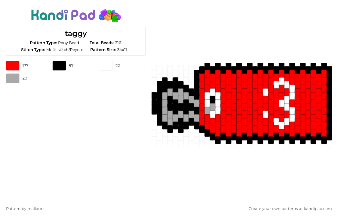 taggy - Pony Bead Pattern by maliaurr on Kandi Pad - red,tpot,bfdi,price tag,taggy,character,reccomended character,bfdia,bfb