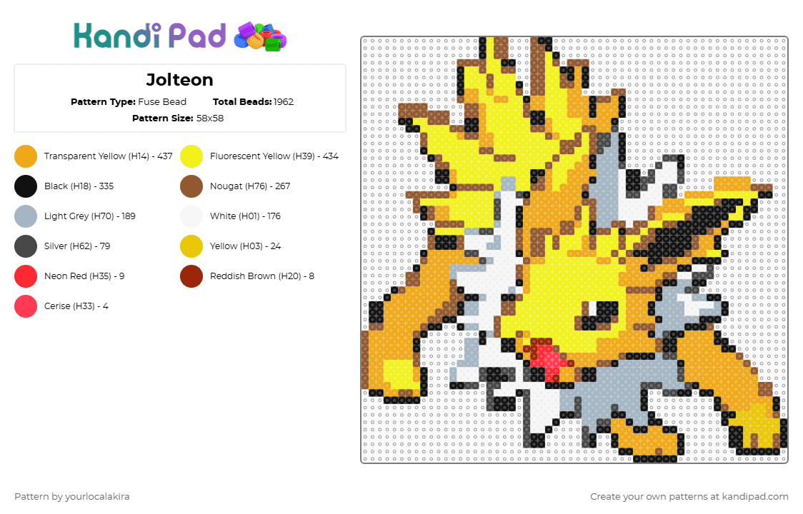 Jolteon - Fuse Bead Pattern by yourlocalakira on Kandi Pad - yellow,orange,tan,pokemon,jolteon,eeveelution,gen 1,nintendo,electric