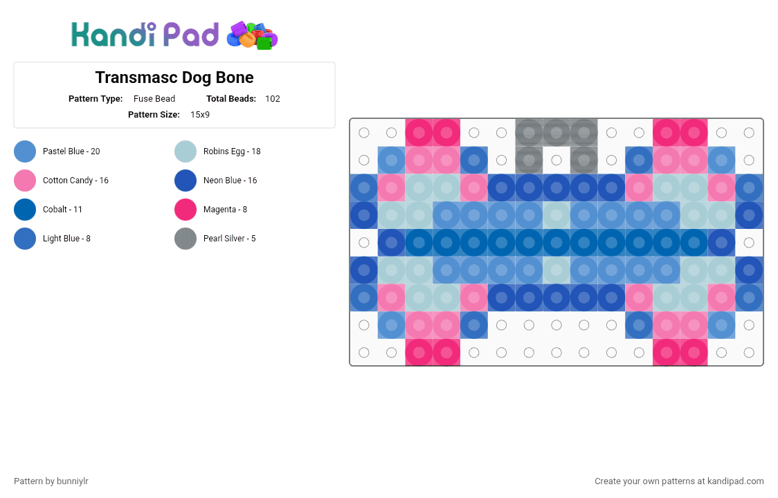 Transmasc Dog Bone - Fuse Bead Pattern by bunniylr on Kandi Pad - blue, light blue, pink