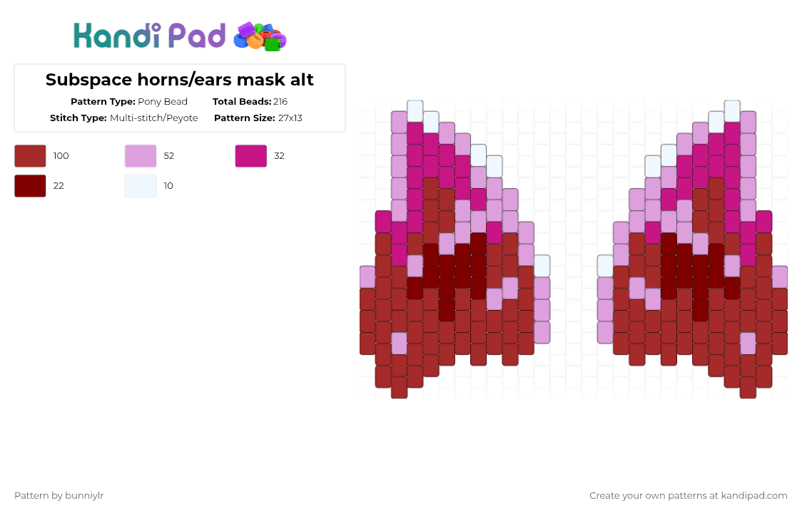 Subspace horns/ears mask alt - Pony Bead Pattern by bunniylr on Kandi Pad - pink,red,pibk,white,alt design