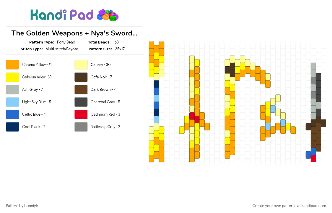 The Golden Weapons + Nya\'s Sword Spear Thing Charms - Pony Bead Pattern by bunniylr on Kandi Pad - brown, gold, lego, lego ninjago, ninjago, orange, weapons, yellow