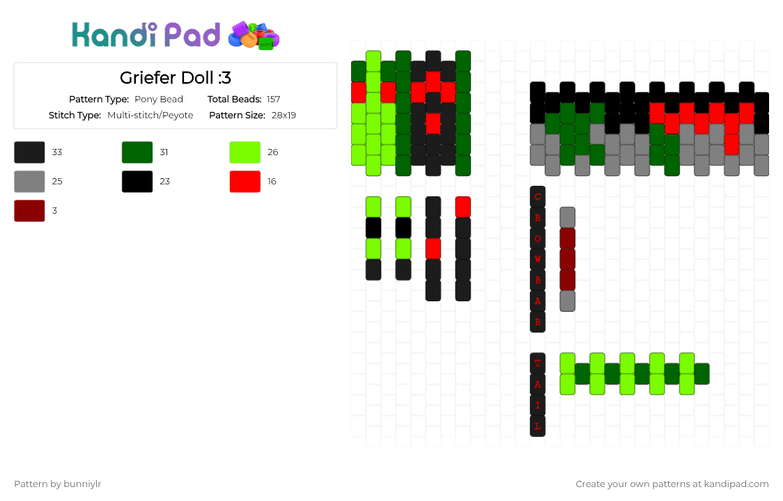 Griefer Doll :3 - Pony Bead Pattern by bunniylr on Kandi Pad - green,black,red,grey,roblox,block tales