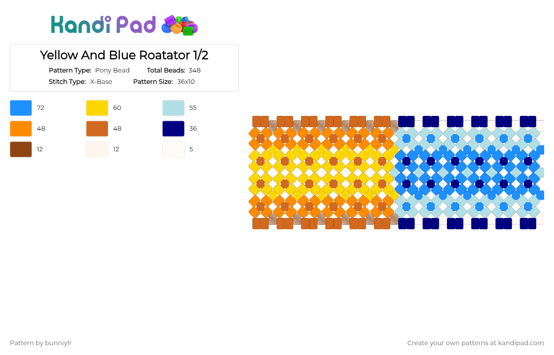 Yellow And Blue Cuff - Pony Bead Pattern by bunniylr on Kandi Pad - light blue, orange