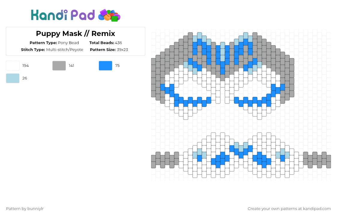 Puppy Mask // Remix - Pony Bead Pattern by bunniylr on Kandi Pad - beige,light blue,blue,grey,white,mask,remix