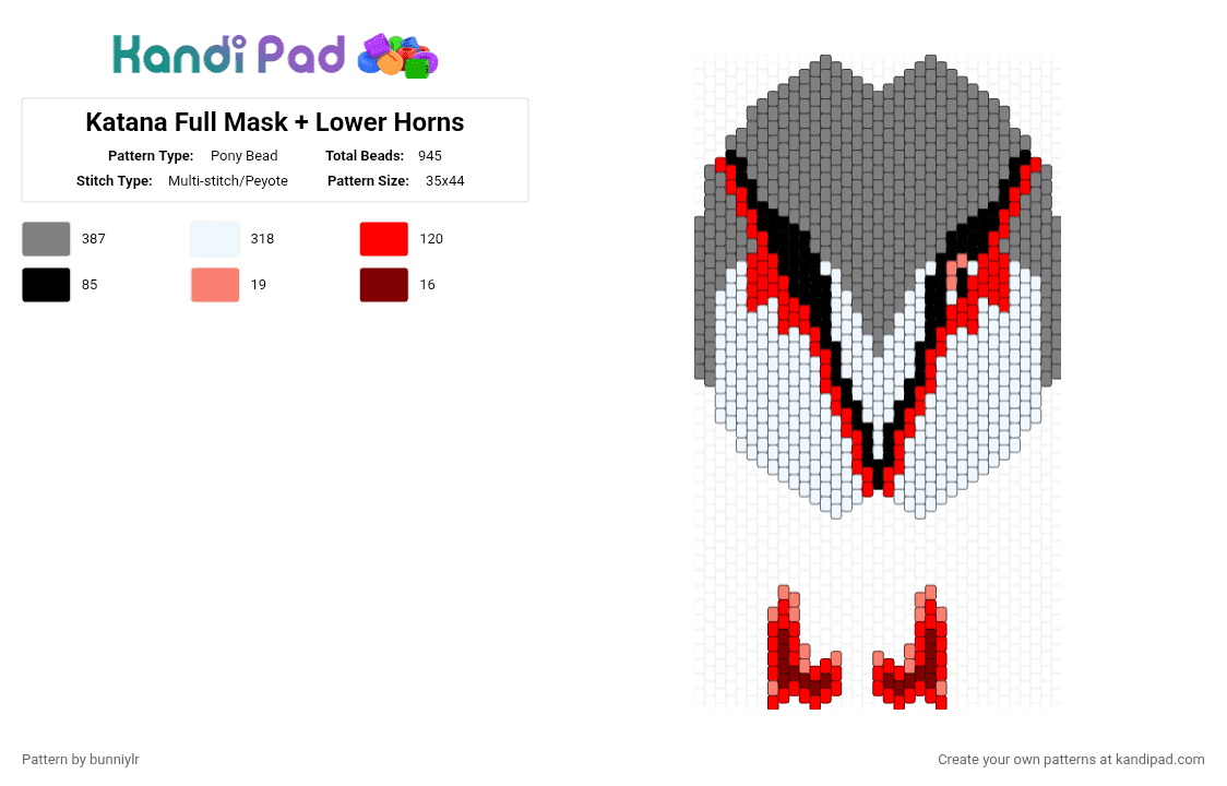 Katana Full Mask + Lower Horns - Pony Bead Pattern by bunniylr on Kandi Pad - black, gray, grey, mask, phighting, red, roblox, white