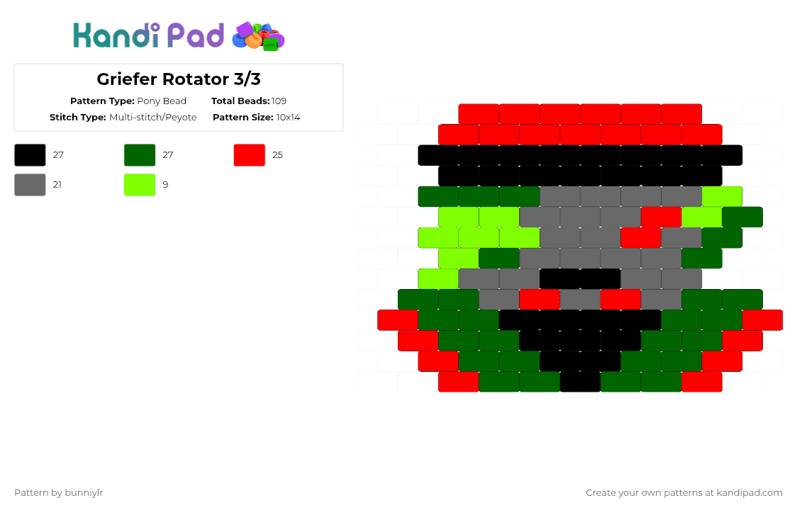 Griefer Rotator 3/3 - Pony Bead Pattern by bunniylr on Kandi Pad - green,block tales,blocktales,griefer,grey,black,red,roblox