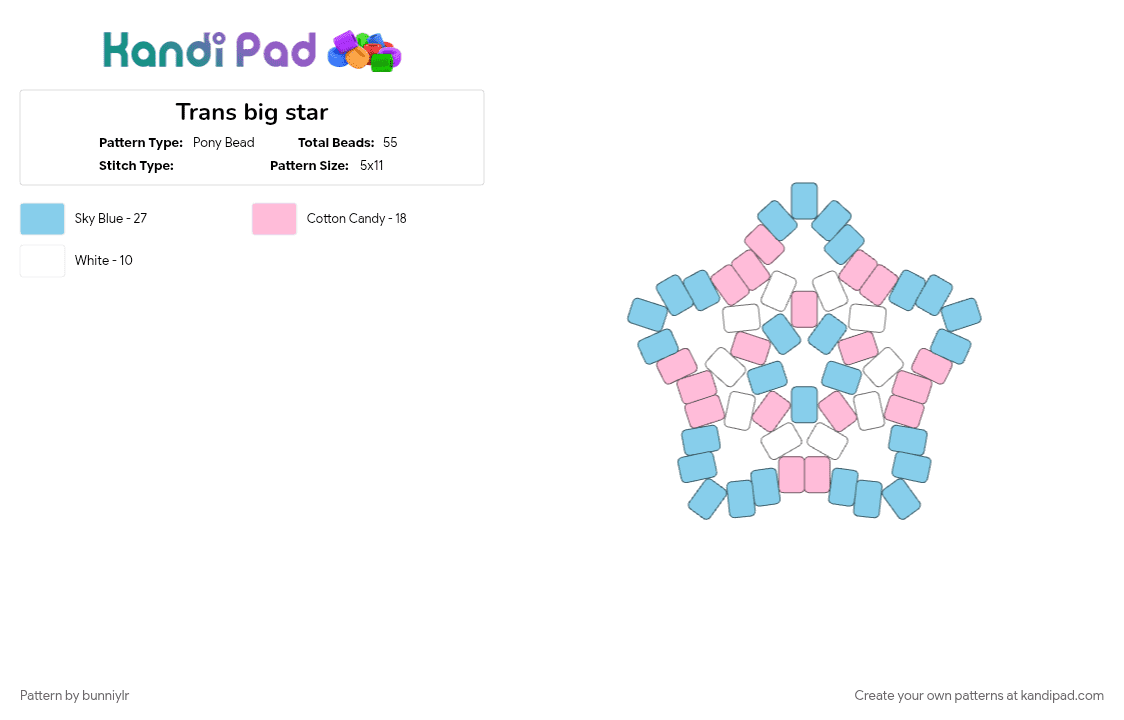 Trans big star - Pony Bead Pattern by bunniylr on Kandi Pad - light blue, pink