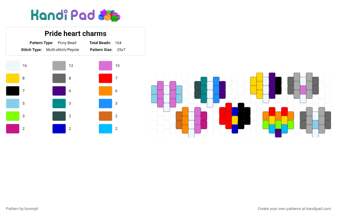 Pride heart charms - Pony Bead Pattern by bunniylr on Kandi Pad - pink,purple,red,beige,colorful,pride,trans,rainbow,demigirl,demiboy,poly,nonbinary