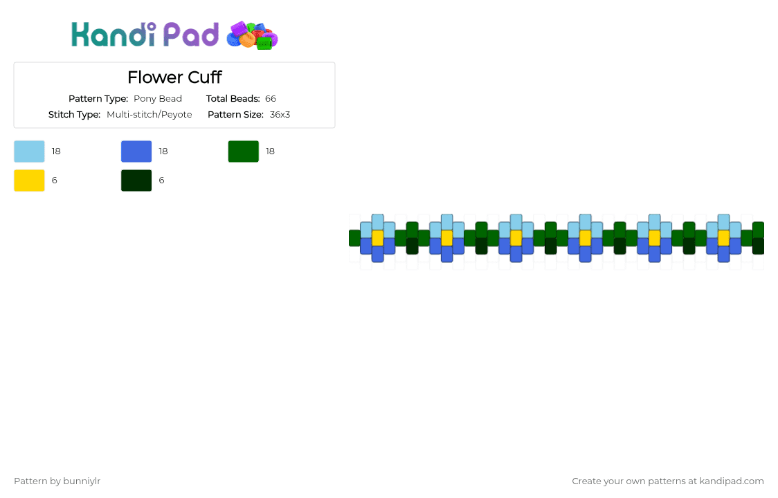 Flower Cuff - Pony Bead Pattern by bunniylr on Kandi Pad - light blue,blue,green