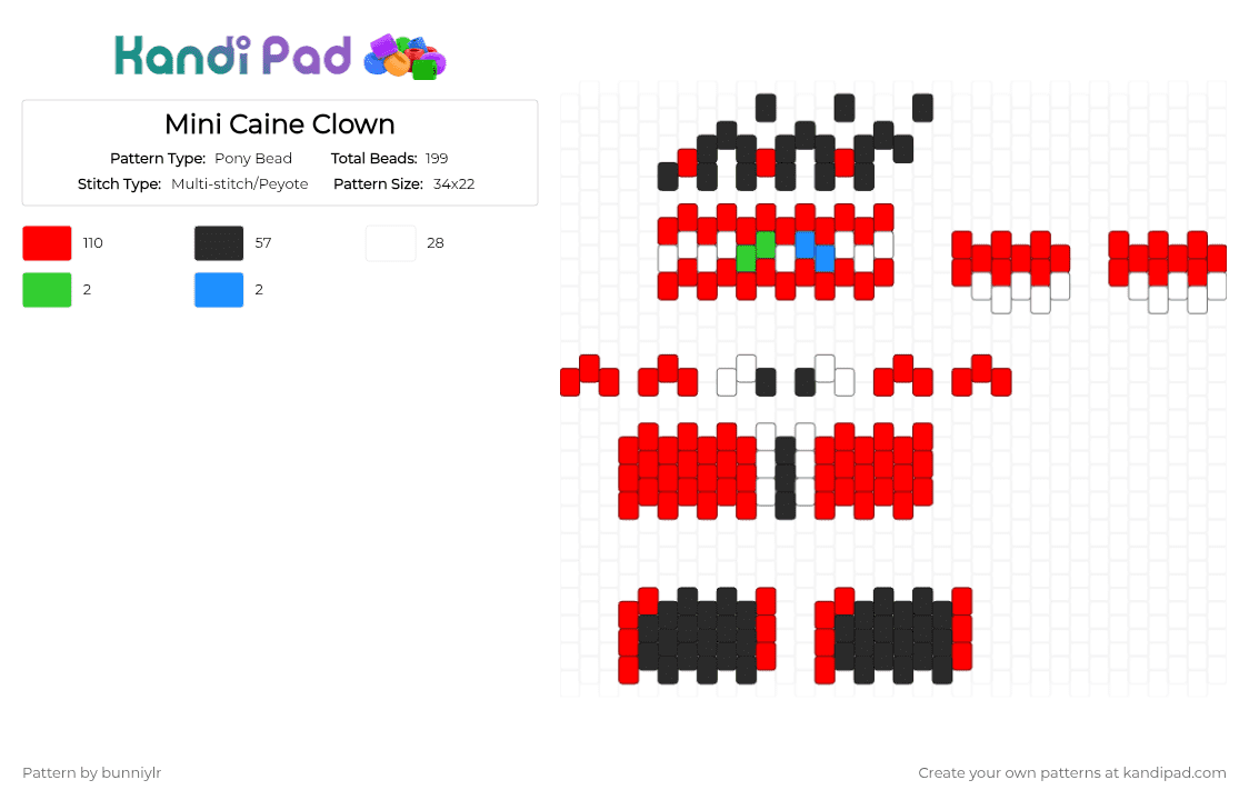 Mini Caine Clown - Pony Bead Pattern by bunniylr on Kandi Pad - red