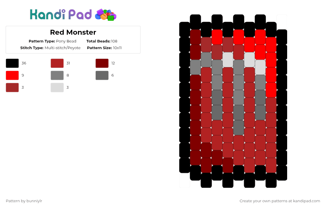 Red Monster - Pony Bead Pattern by bunniylr on Kandi Pad - red,monster,grey,gray,black,energy drink