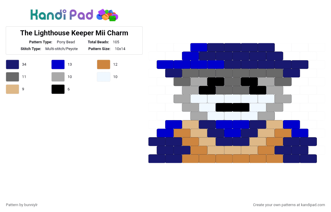 The Lighthouse Keeper Mii Charm - Pony Bead Pattern by bunniylr on Kandi Pad - purple,white,tan,dark blue,blue,gray,mii