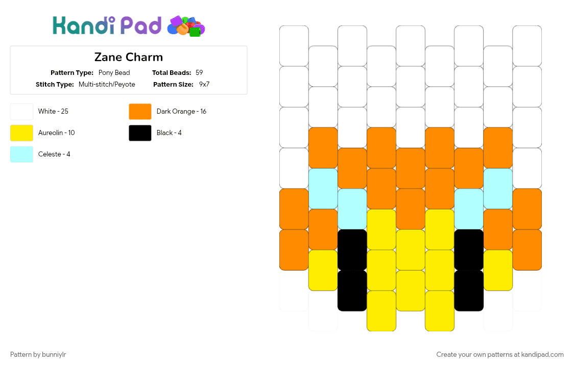Zane Charm - Pony Bead Pattern by bunniylr on Kandi Pad - blue, character, lego, lego ninjago, ninjago, orange, white, yellow