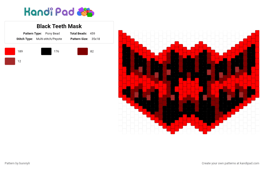 Black Teeth Mask - Pony Bead Pattern by bunniylr on Kandi Pad - red,brown