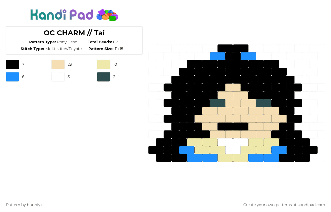 OC CHARM // Tai - Pony Bead Pattern by bunniylr on Kandi Pad - black,beige,blue,tan,blavk,yellow,oc,charm