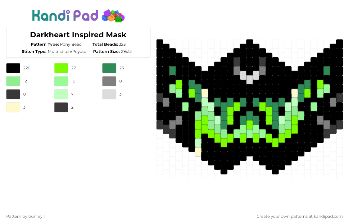 Darkheart Inspired Mask - Pony Bead Pattern by bunniylr on Kandi Pad - black,green,teal,phighting,roblox,darkheart,darkheartphighting,mask,gray
