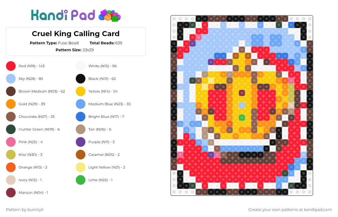 Cruel King Calling Card - Fuse Bead Pattern by bunniylr on Kandi Pad - red,light blue,yellow,colorful,blocktales,card
