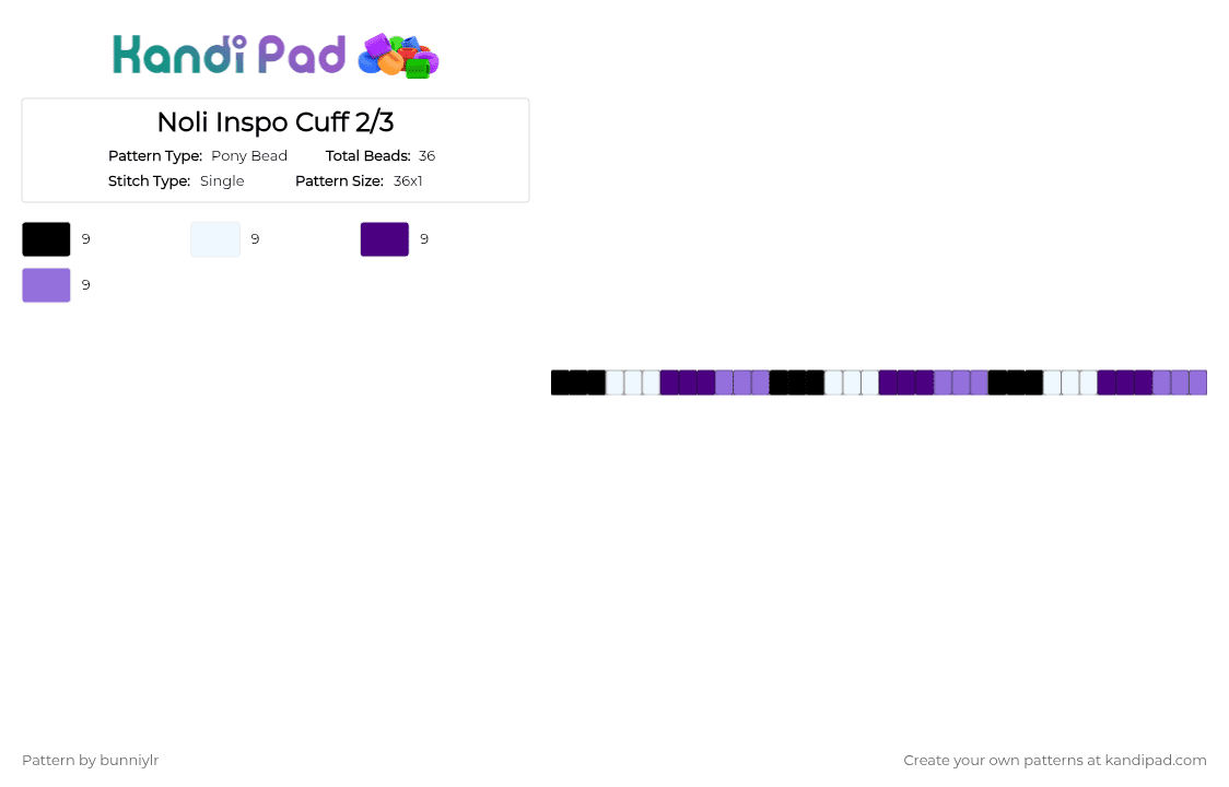 Noli Inspo Cuff 2/3 - Pony Bead Pattern by bunniylr on Kandi Pad - white,purple,rotator,black,dark purple,light purple