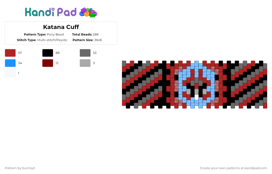 Katana Cuff - Pony Bead Pattern by bunniylr on Kandi Pad - red,gray,phighting,katanaphighting,roblox,remix