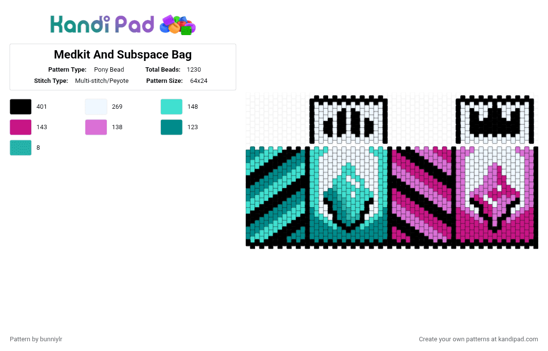 Medkit And Subspace Bag - Pony Bead Pattern by bunniylr on Kandi Pad - black, blue, medkit, phighting, pink, subspace, teal, withe