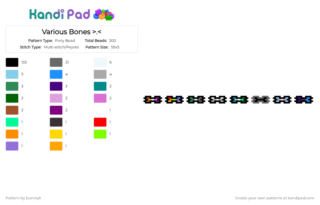 Various Bonez ^^ - Pony Bead Pattern by bunniylr on Kandi Pad - black,gray,light blue,colorful,bones,pride,trans,gay,lesbian,aro,andro,rainbow