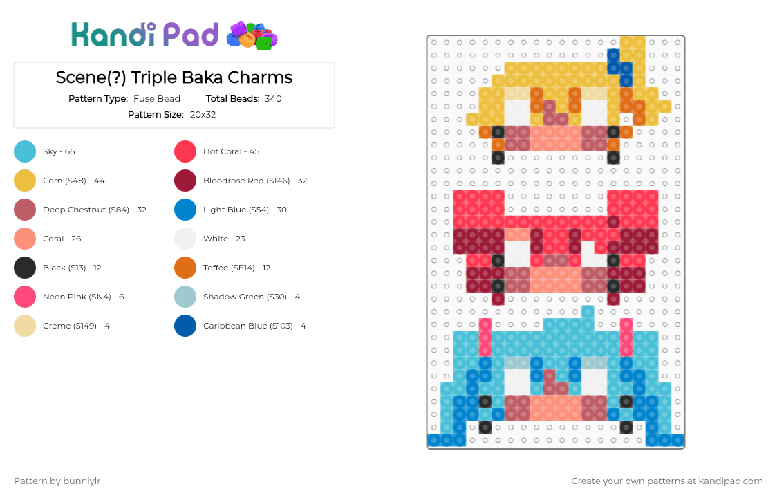 Scene(?) Triple Baka Charms - Fuse Bead Pattern by bunniylr on Kandi Pad - red,light blue,yellow,blue,miku,teto,neru,vocaloid,utauloid