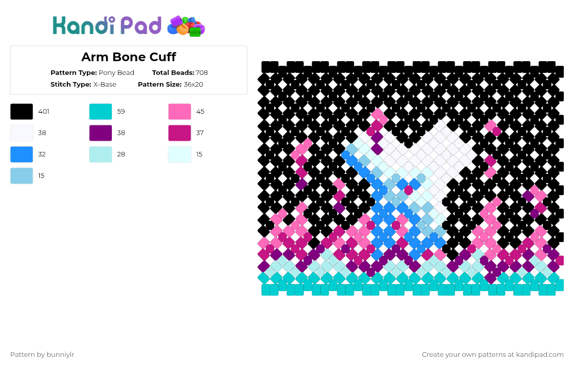 Arm Bone Cuff - Pony Bead Pattern by bunniylr on Kandi Pad - black,light blue,pink,cuff,white,blue,hwwhp,bone,blood