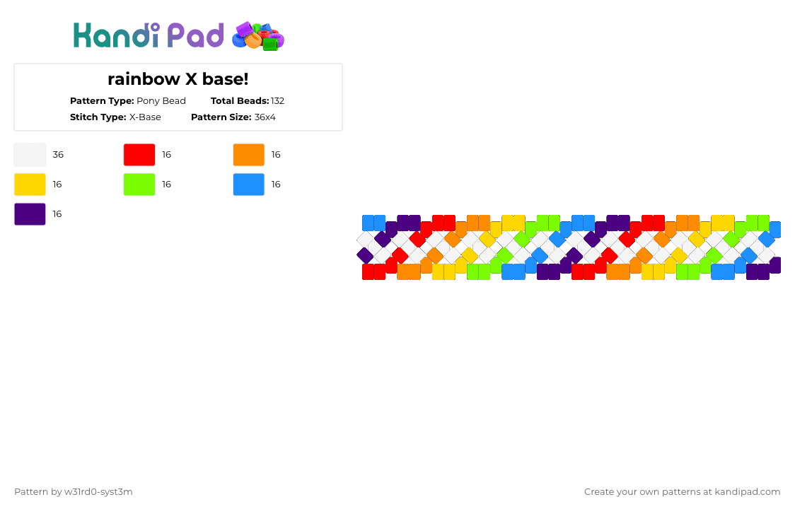 rainbow X base! - Pony Bead Pattern by w31rd0-syst3m on Kandi Pad - orange,green,purple,colorful,cotdstripes,rainbows,simple