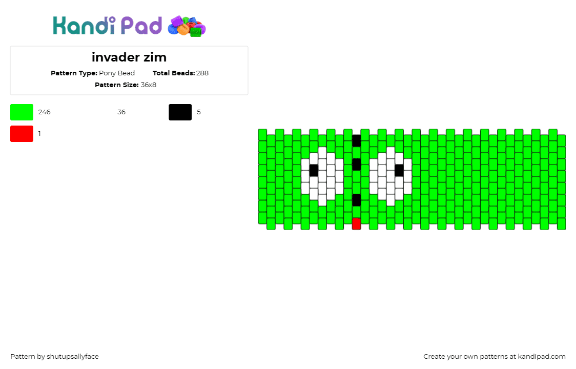 invader zim - Pony Bead Pattern by shutupsallyface on Kandi Pad - gir,invader zim,cuff,eyes,cartoon,tv show,character,green