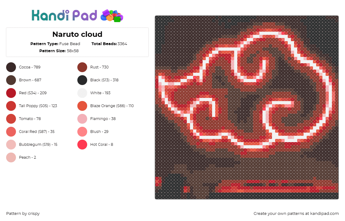 Naruto cloud - Fuse Bead Pattern by crispy on Kandi Pad - akatsuki,naruto,cloud,neon,anime,tv show,red,white