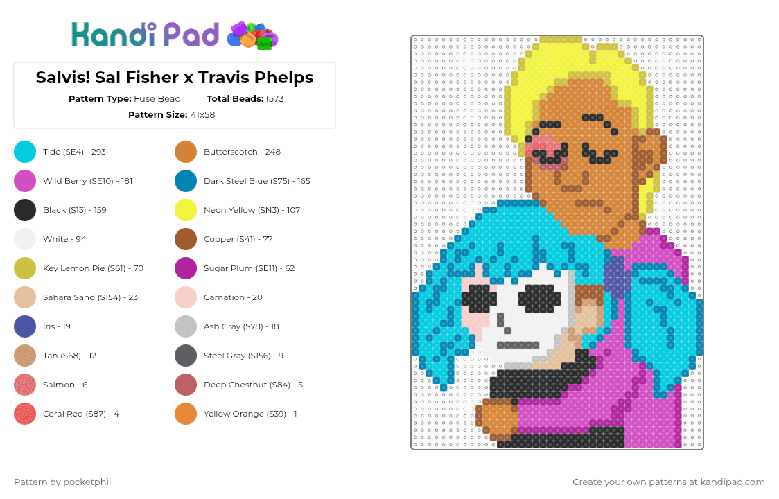 Salvis! Sal Fisher x Travis Phelps - Fuse Bead Pattern by pocketphil on Kandi Pad - pink,orange,light blue,yellow