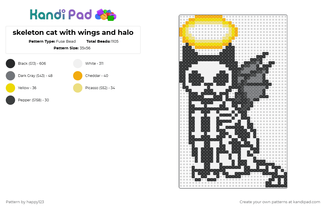 skeleton cat with wings and halo - Fuse Bead Pattern by happy123 on Kandi Pad - black,white,yellow