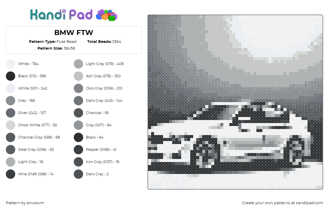 BMW FTW - Fuse Bead Pattern by envisium on Kandi Pad - bmw,car,vehicle,automobile,craftsmanship,detailed,sophistication,sleek,gray,whit