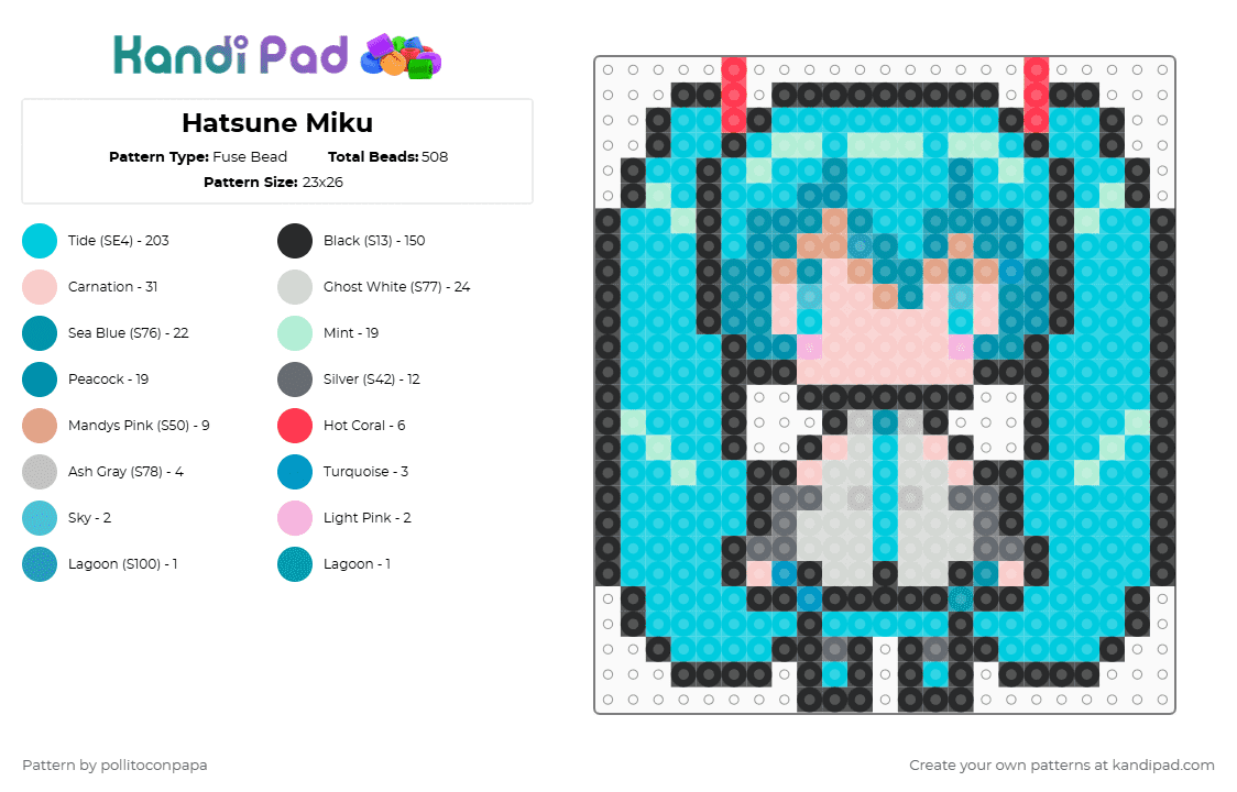 Hatsune Miku - Fuse Bead Pattern by pollitoconpapa on Kandi Pad - light blue