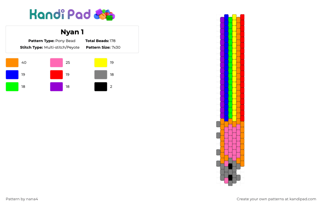 Nyan 1 - Pony Bead Pattern by nana4 on Kandi Pad - pink,orange,purple