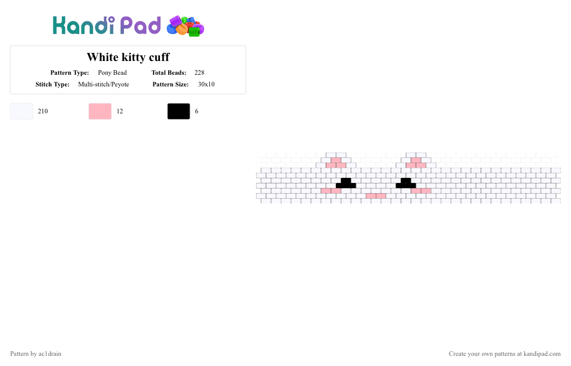 White kitty cuff - Pony Bead Pattern by ac1drain on Kandi Pad - white,cute,cat,kandi cuff,pyote,kawaii