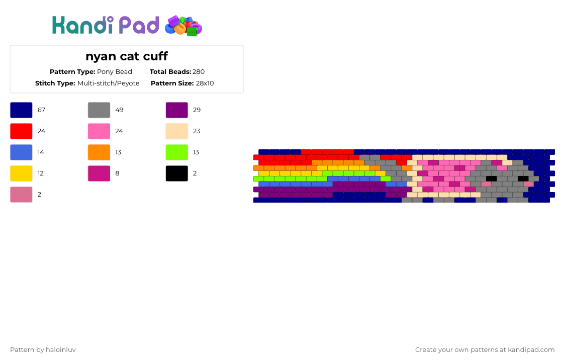 nyan cat cuff - Pony Bead Pattern by haloinluv on Kandi Pad - purple,gray,pink