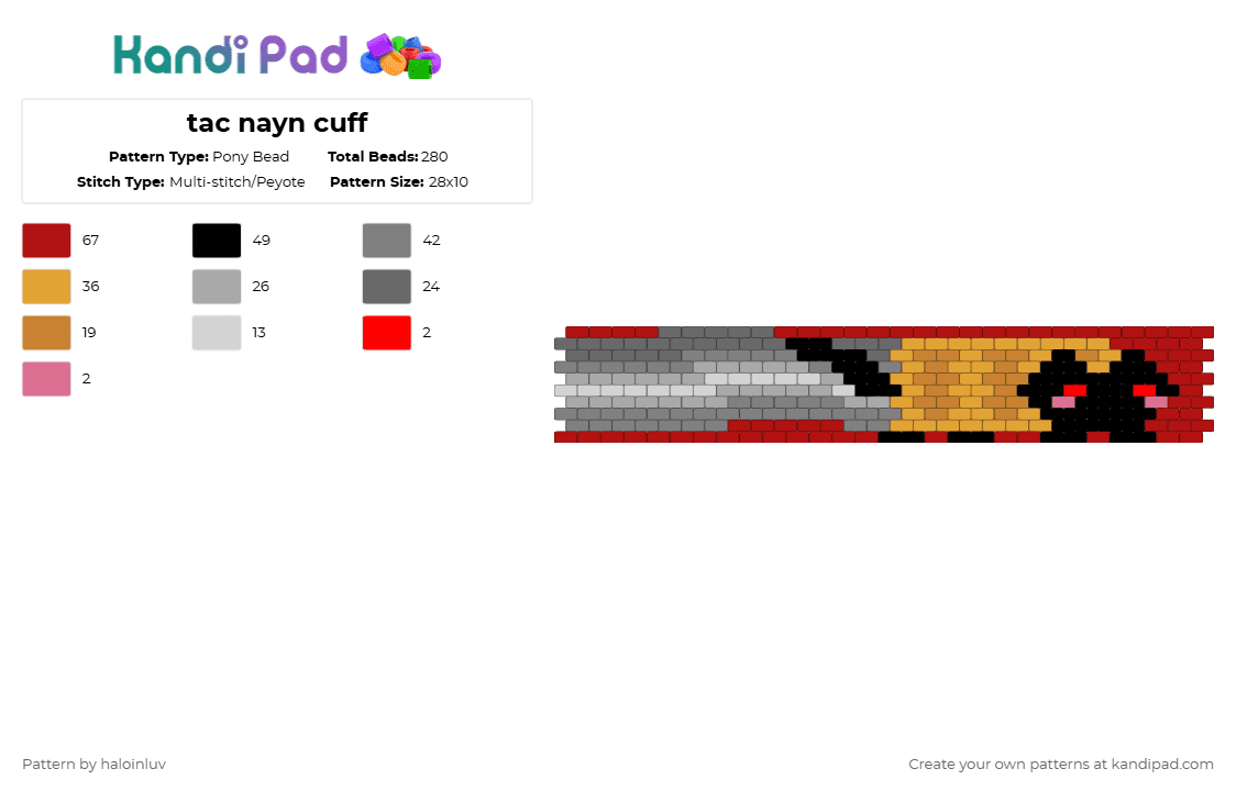 tac nayn cuff - Pony Bead Pattern by haloinluv on Kandi Pad - tac nayn,red,gray,orange