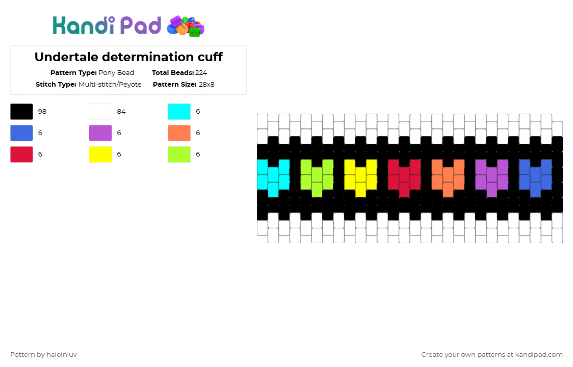 Undertale determination cuff - Pony Bead Pattern by haloinluv on Kandi Pad - black,white,blue,orange,yellow,colorful