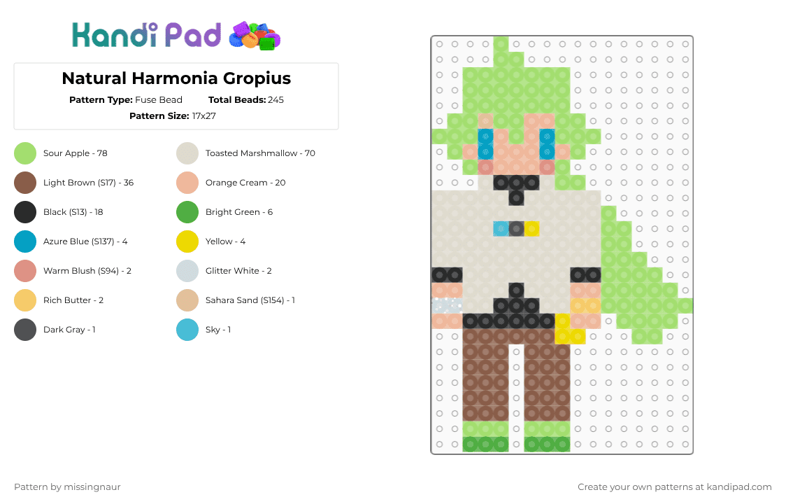 Natural Harmonia Gropius - Fuse Bead Pattern by missingnaur on Kandi Pad - beige,green,tan,pokemon,anime,n pokemon,pokemon trainer,pokemon bw,pokemon black and white,natural harmonia gropius
