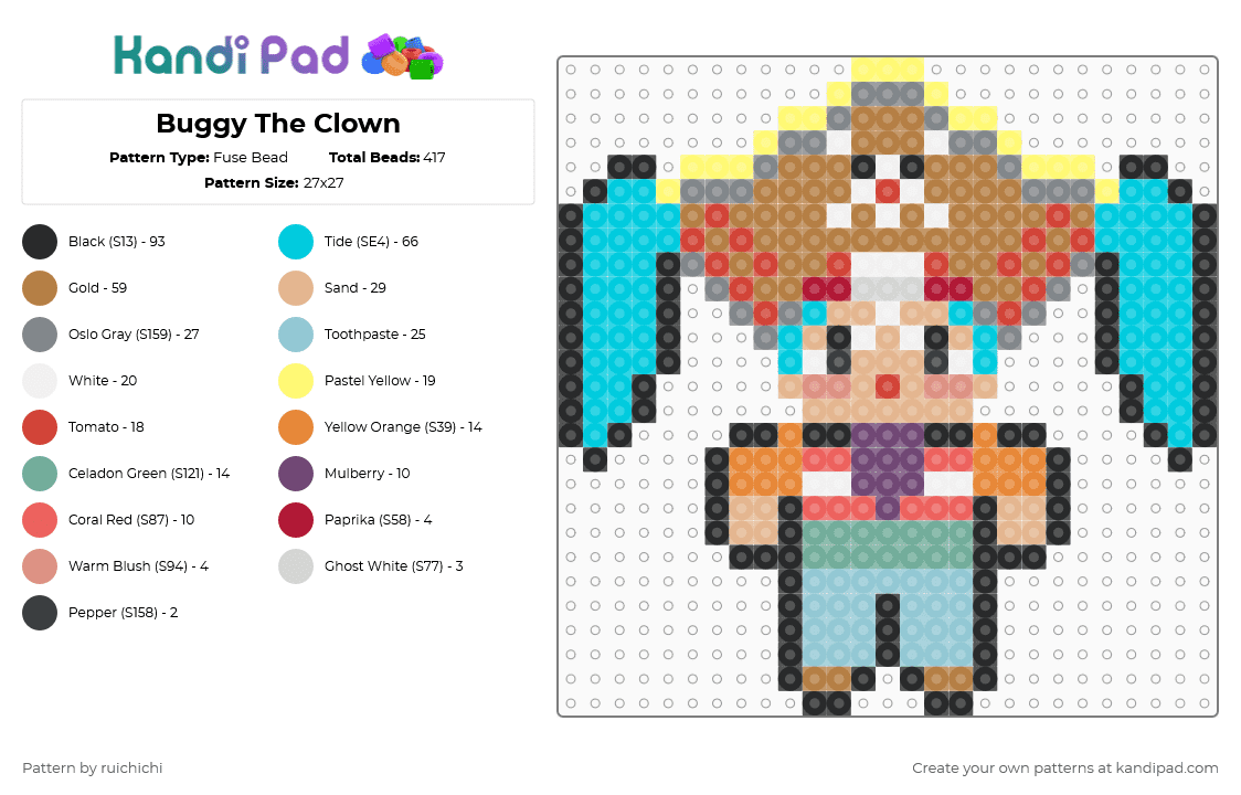 Buggy The Clown - Fuse Bead Pattern by missingnaur on Kandi Pad - tan,red,light blue,beige,anime,one piece,buggy,clown,buggy the clown