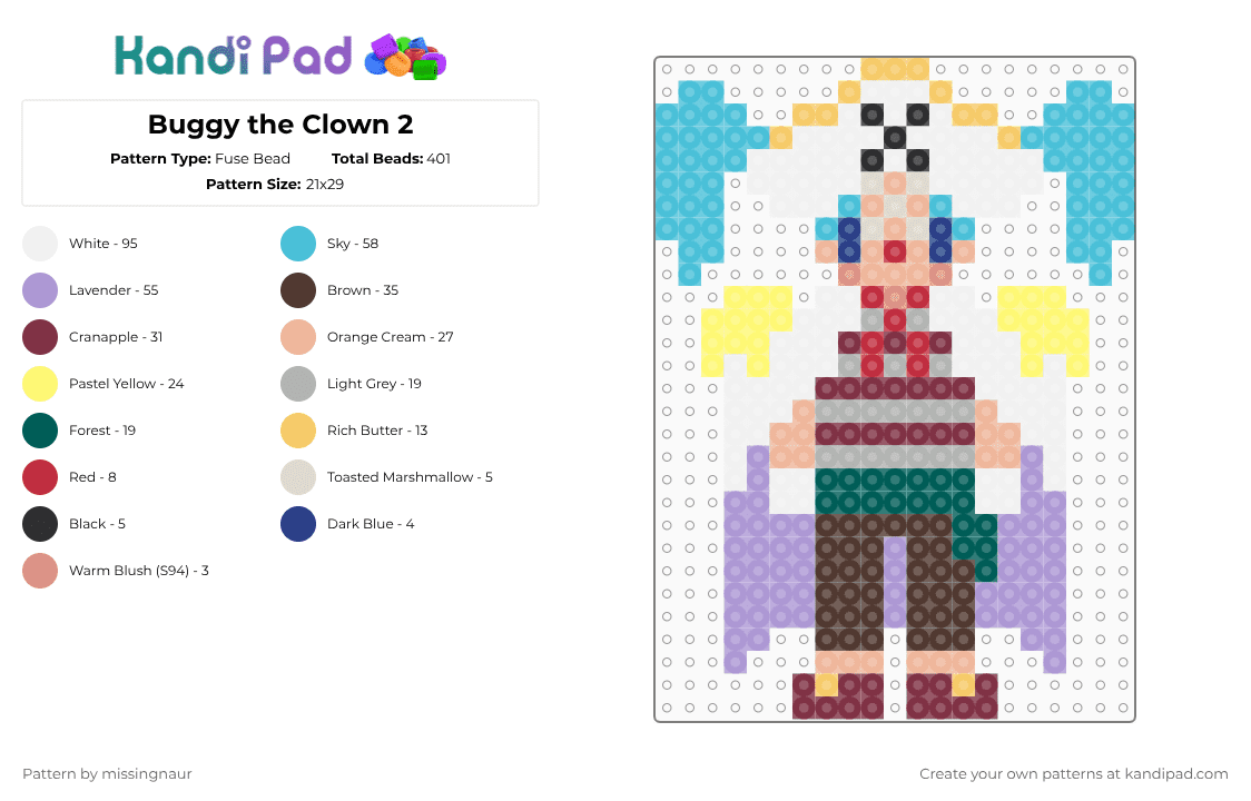 Buggy the Clown 2 - Fuse Bead Pattern by missingnaur on Kandi Pad - light blue,brown,yellow,colorful,anime,one piece,clown,buggy the clown