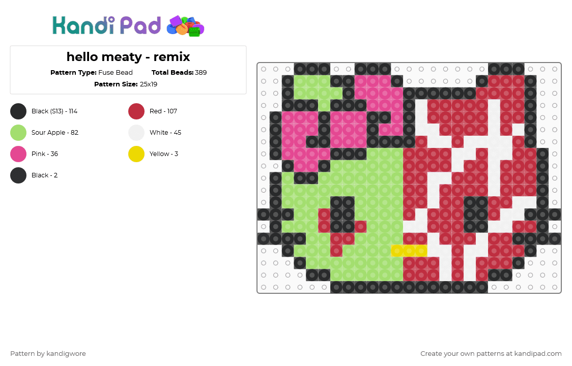 hello meaty - remix - Fuse Bead Pattern by kandigwore on Kandi Pad - green,red