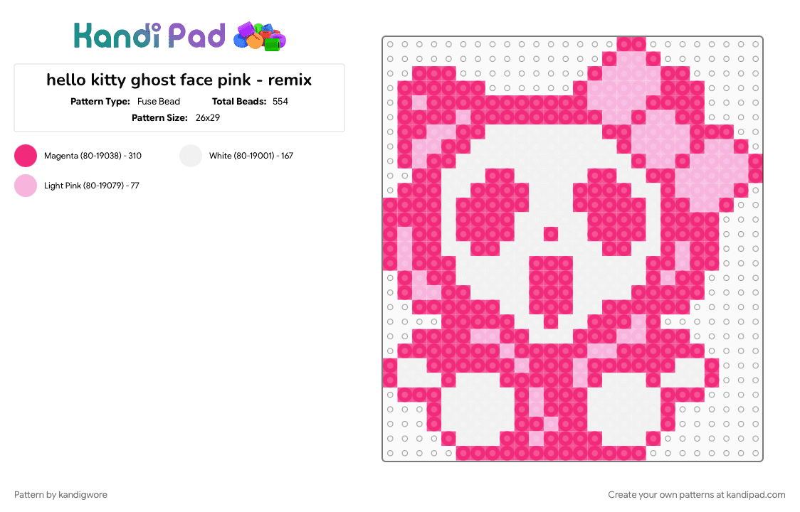 hello kitty ghost face pink - remix - Fuse Bead Pattern by kandigwore on Kandi Pad - pink, white